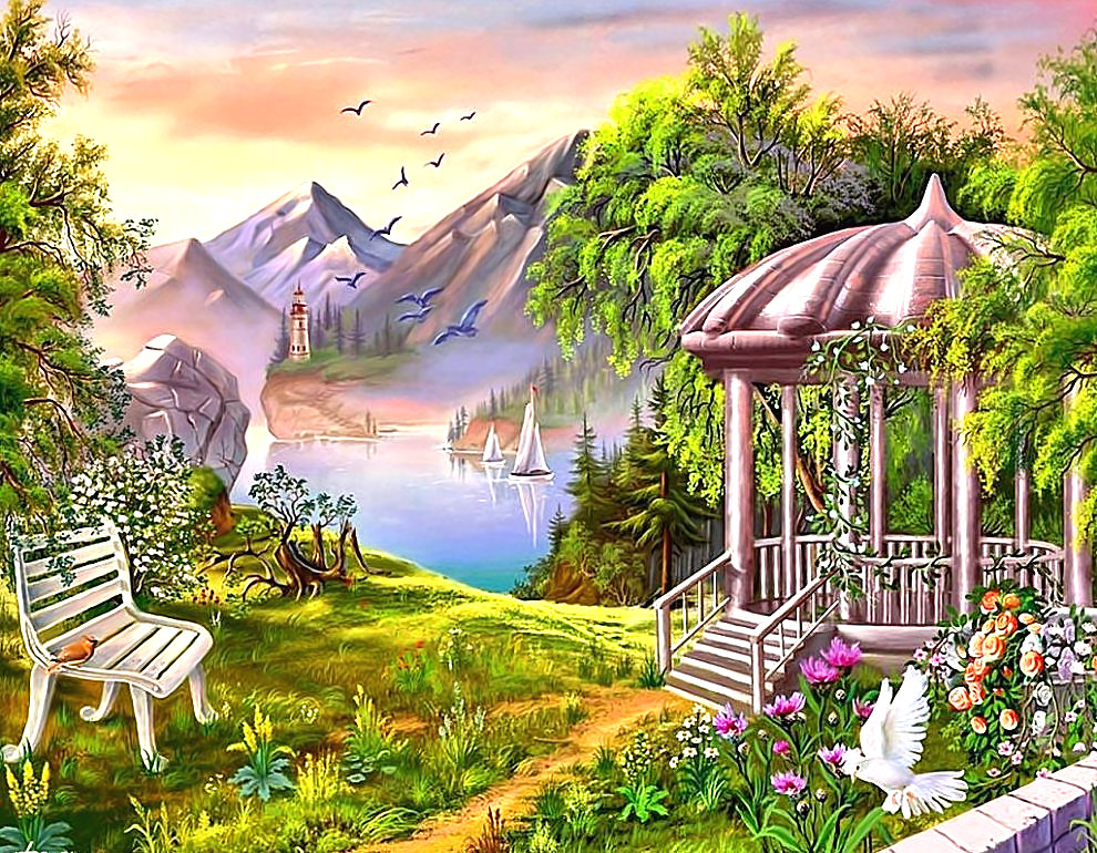 Серия "Беседки". Беседка в горах - пейзаж, беседка, горы - оригинал