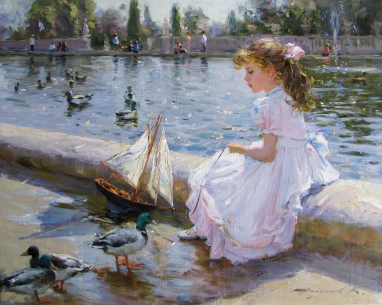 Small Boats in the pond with Ducklings. - konstantin razumov paintings.children.birds. - оригинал