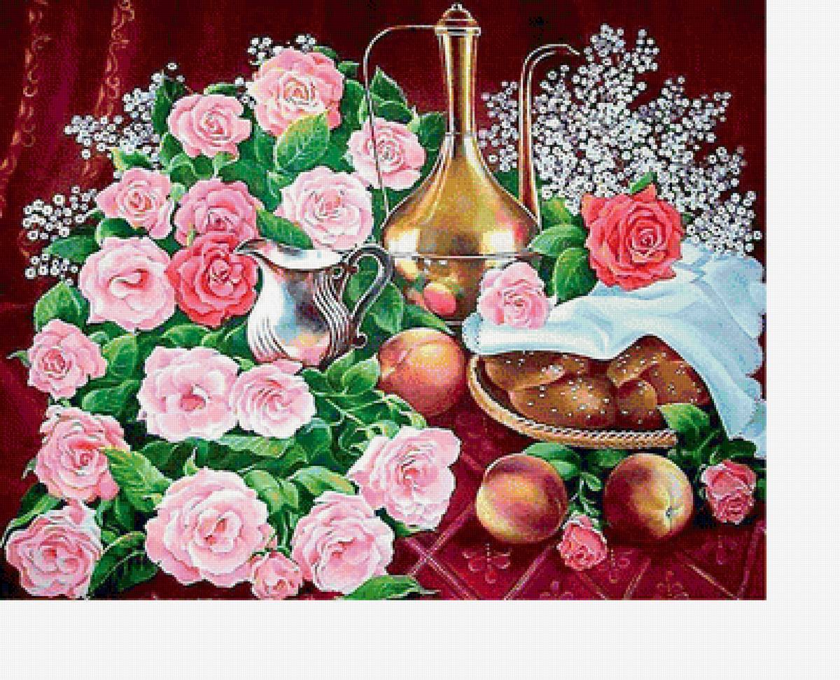 Натюрморт - персики, кувшин, розы - предпросмотр