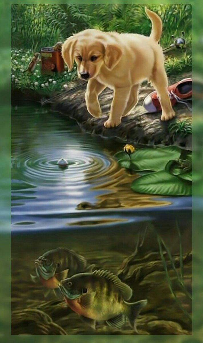 Щенок на рыбалке. - щенок рыбки рыбалка река пейзаж природа - оригинал