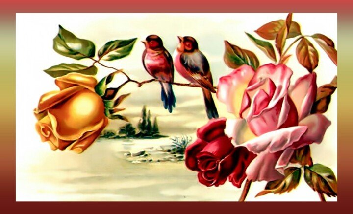 Птички на розе. - птички роза винтаж - оригинал