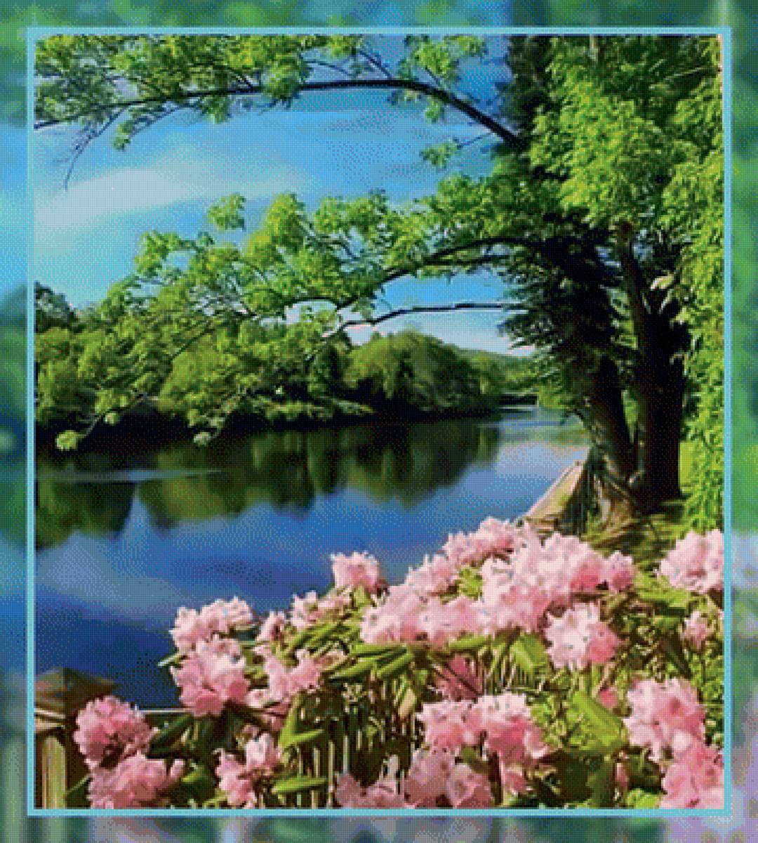 Пейзаж у реки. - небо, лето, река., цветы, пейзаж - предпросмотр