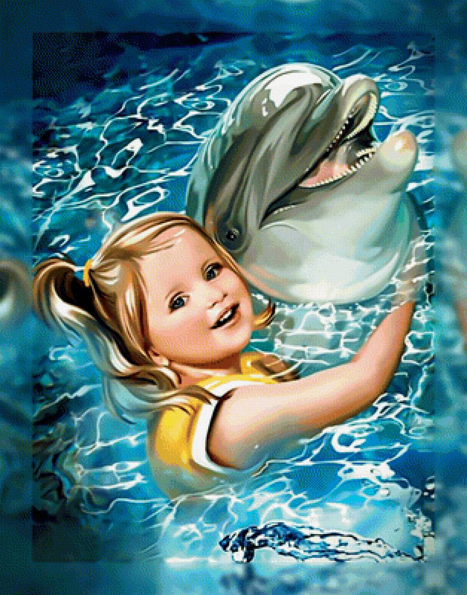 Девочка и дельфин. - дельфин., девочка - предпросмотр