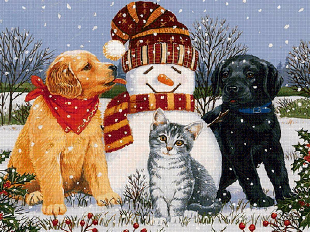 Детское - снеговик, детское, кот, щенок, новогодняя, арт, зима - предпросмотр