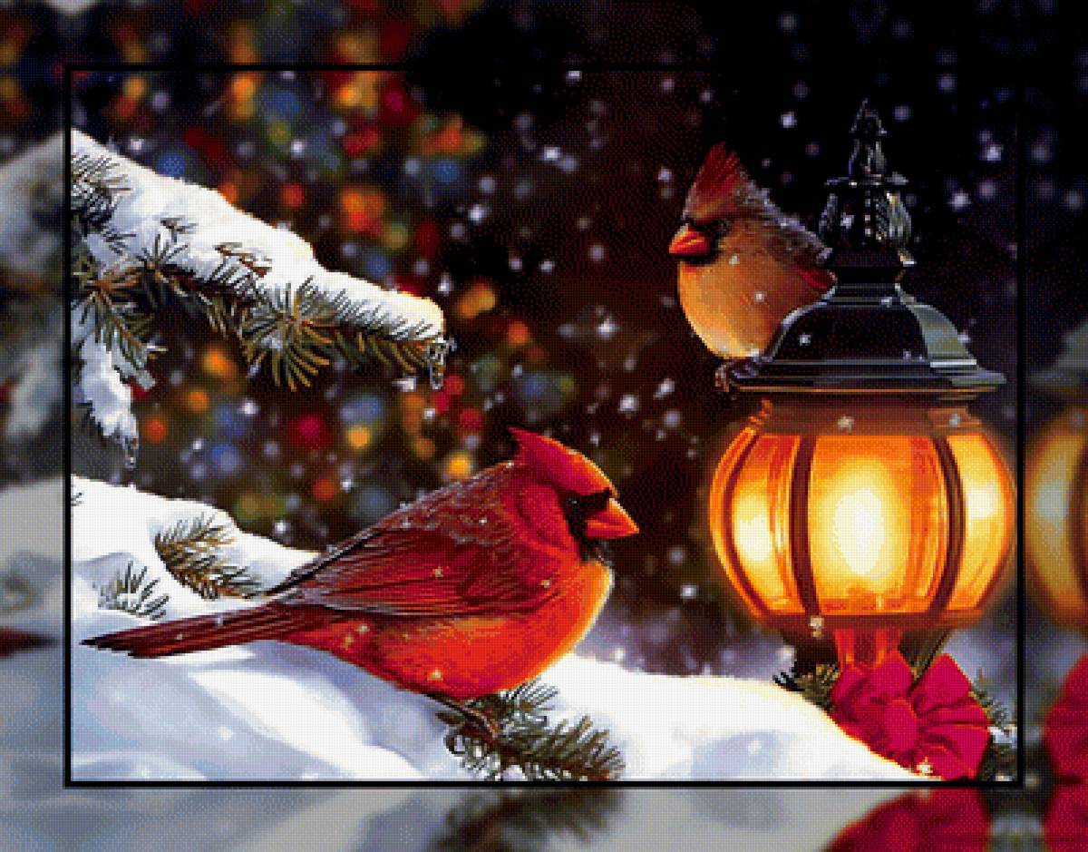 Рождественский фонарик. - снег, фонарь., зима, птицы, пейзаж, рождество - предпросмотр