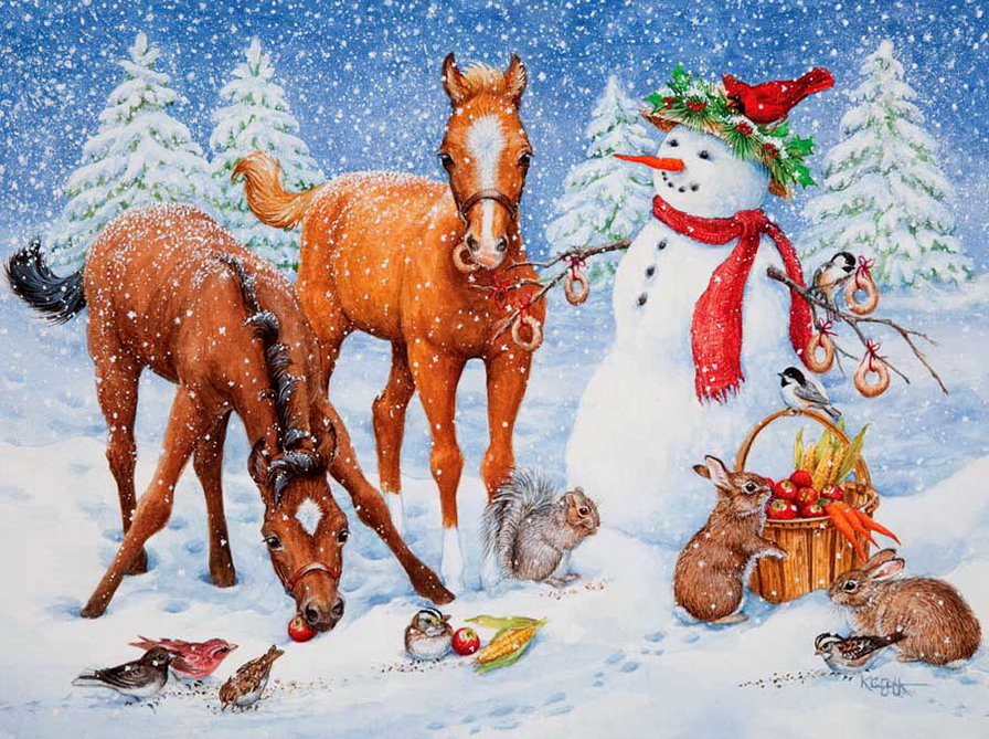 Детское - арт, лошадь, зима, детское, новогодняя, снеговик - оригинал