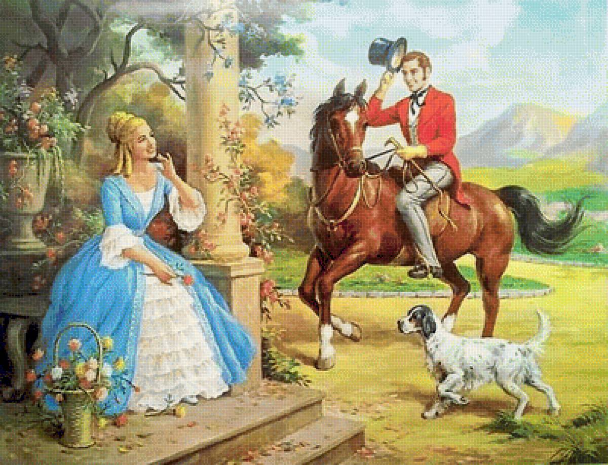 Леди и джентльмен - сад, дама, собака, всадник - предпросмотр