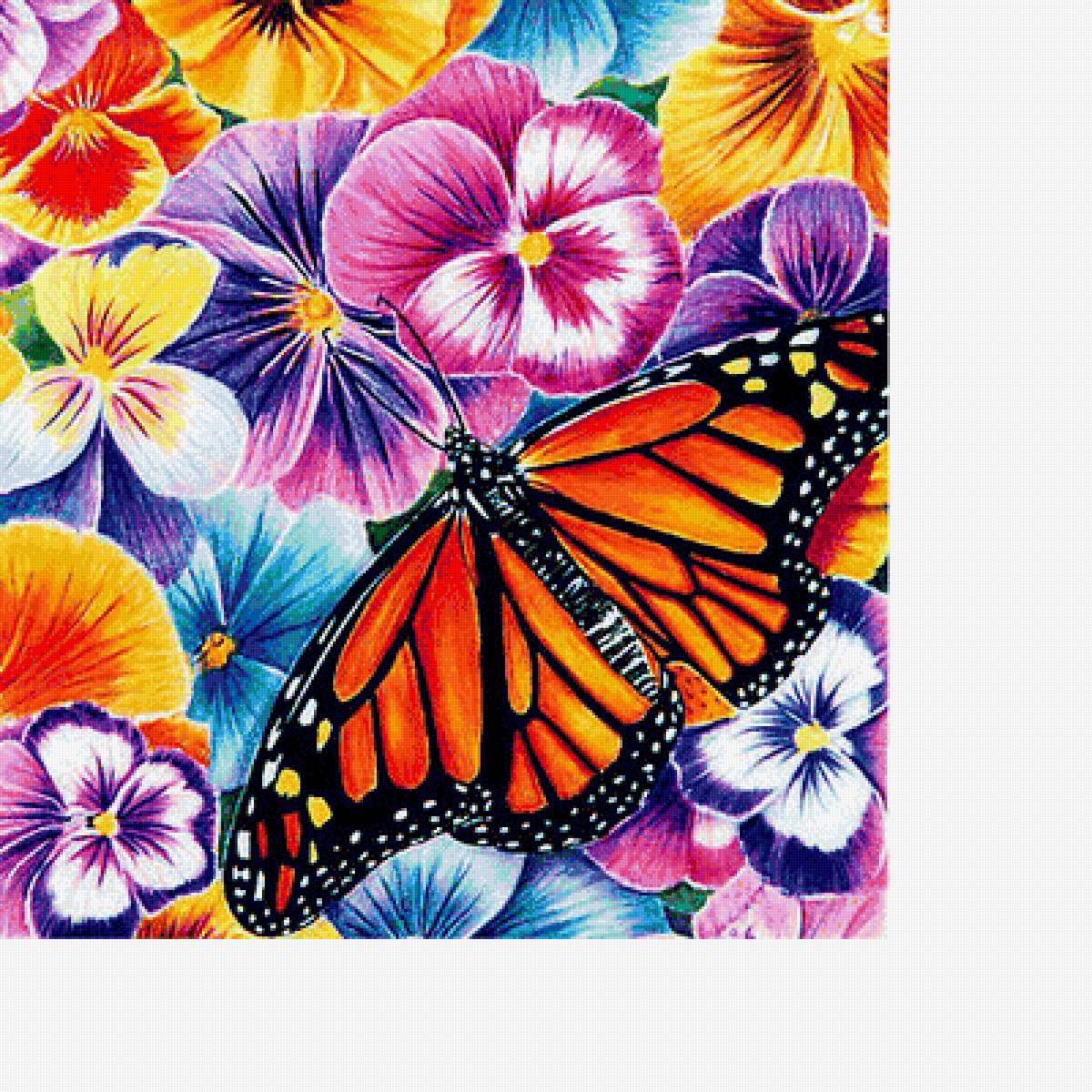 Бабочка и анютины глазки - цветы, для подушки - предпросмотр