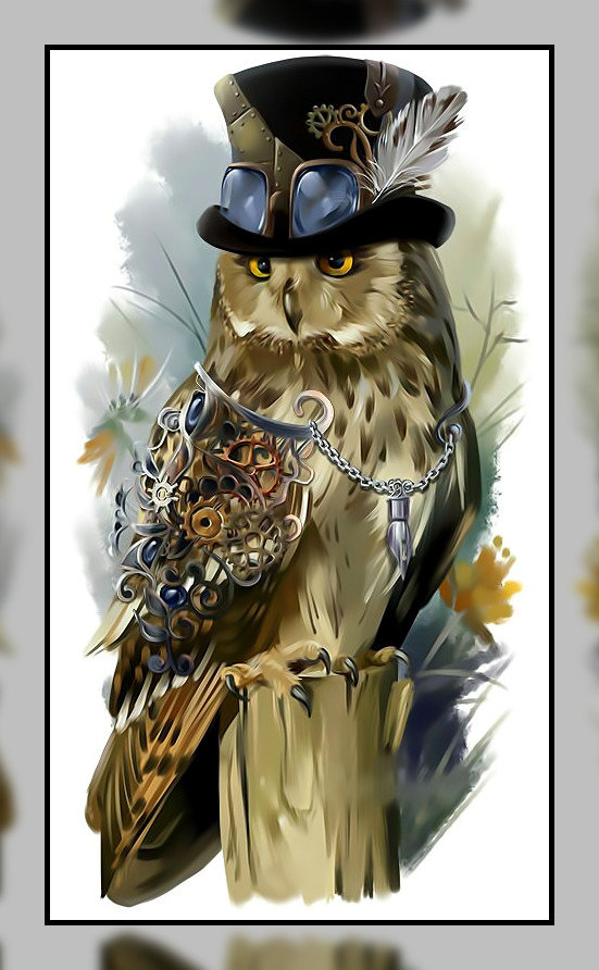 Сова в цилиндре. - очки, перо., механизм, цилиндр, сова - оригинал