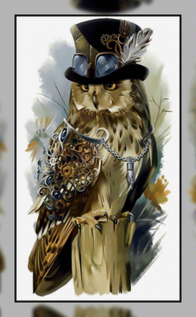 Сова в цилиндре. - цилиндр, сова, механизм, перо., очки - предпросмотр