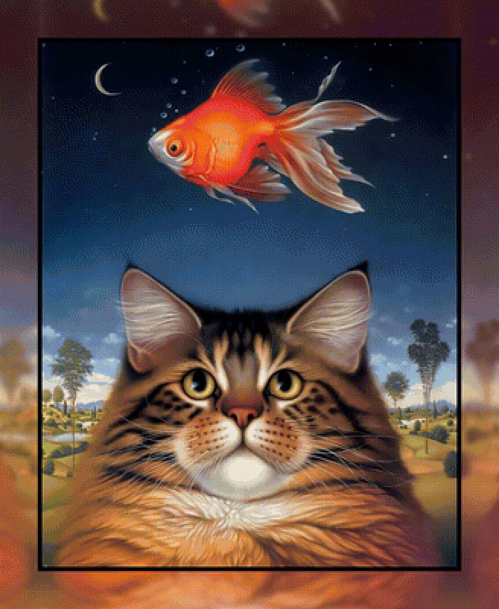 Котик и золотая рыбка. - рыбка., рыжий, золотая, кот - предпросмотр