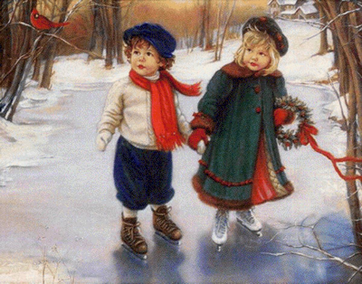 Skating at Twilight. - sandra bergeron art.snowscenes.children. - предпросмотр