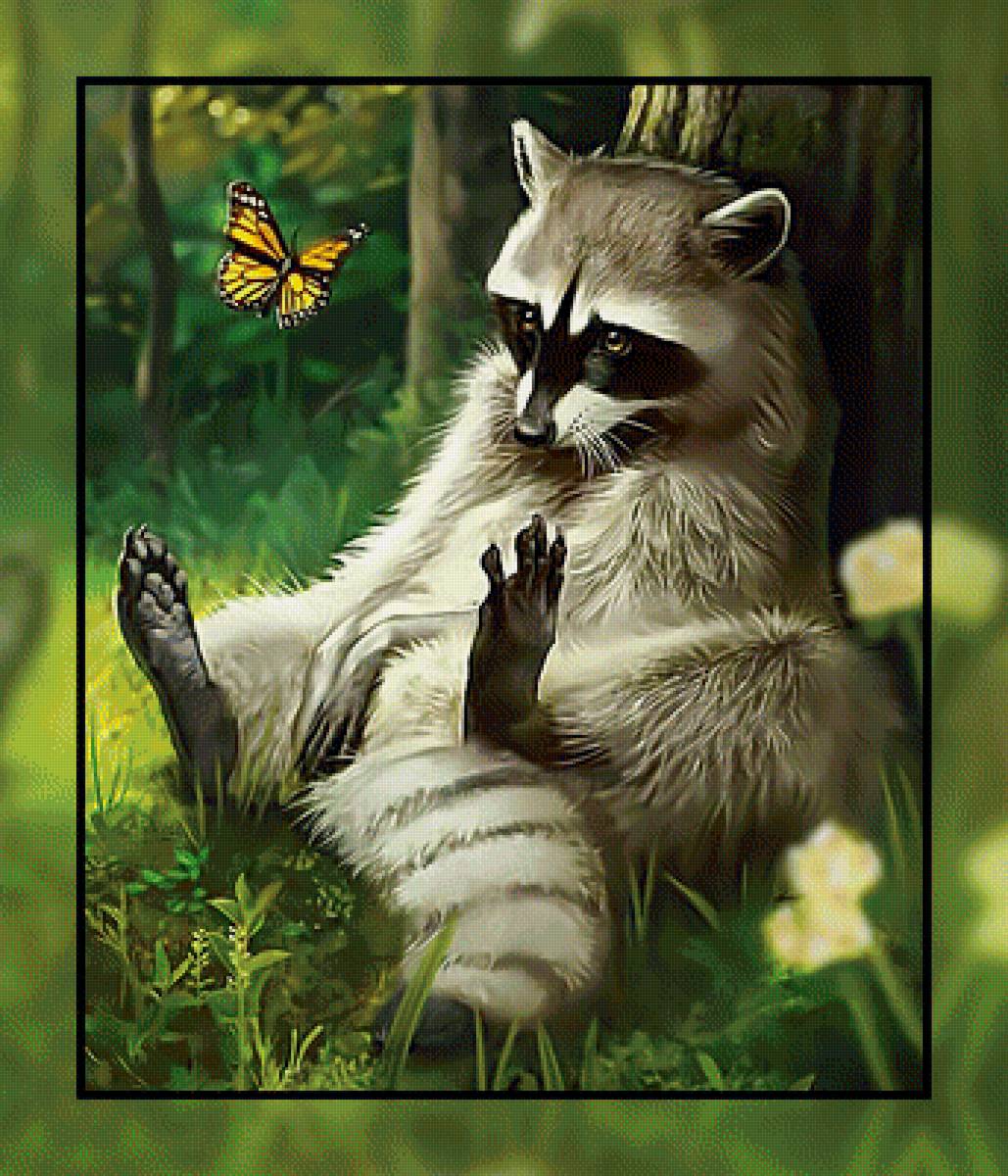 Енот и бабочка. - енот, природа., бабочка - предпросмотр