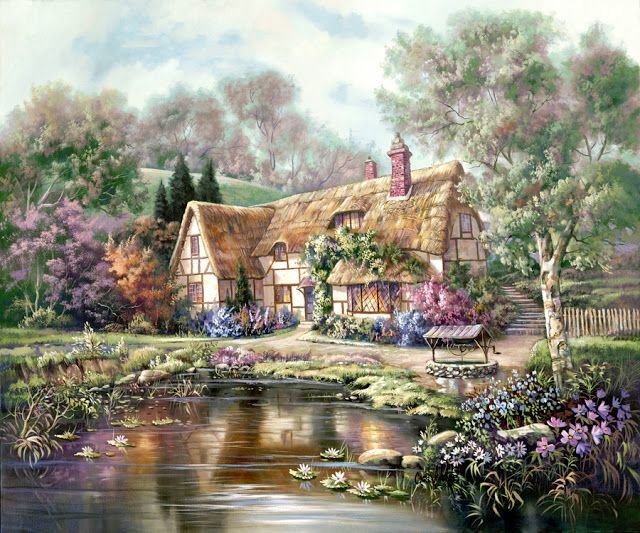 Twilight at Woodgreen Pond. - carl valente paintings. scenarys.flowers and gardens. - оригинал