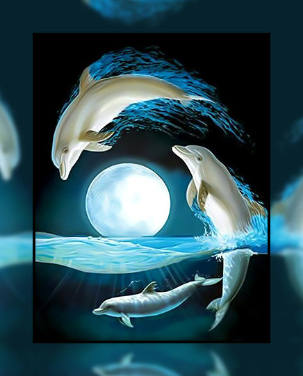 Дельфины под луной. - океан, мир, ночь, дельфины, подводный, луна. - оригинал