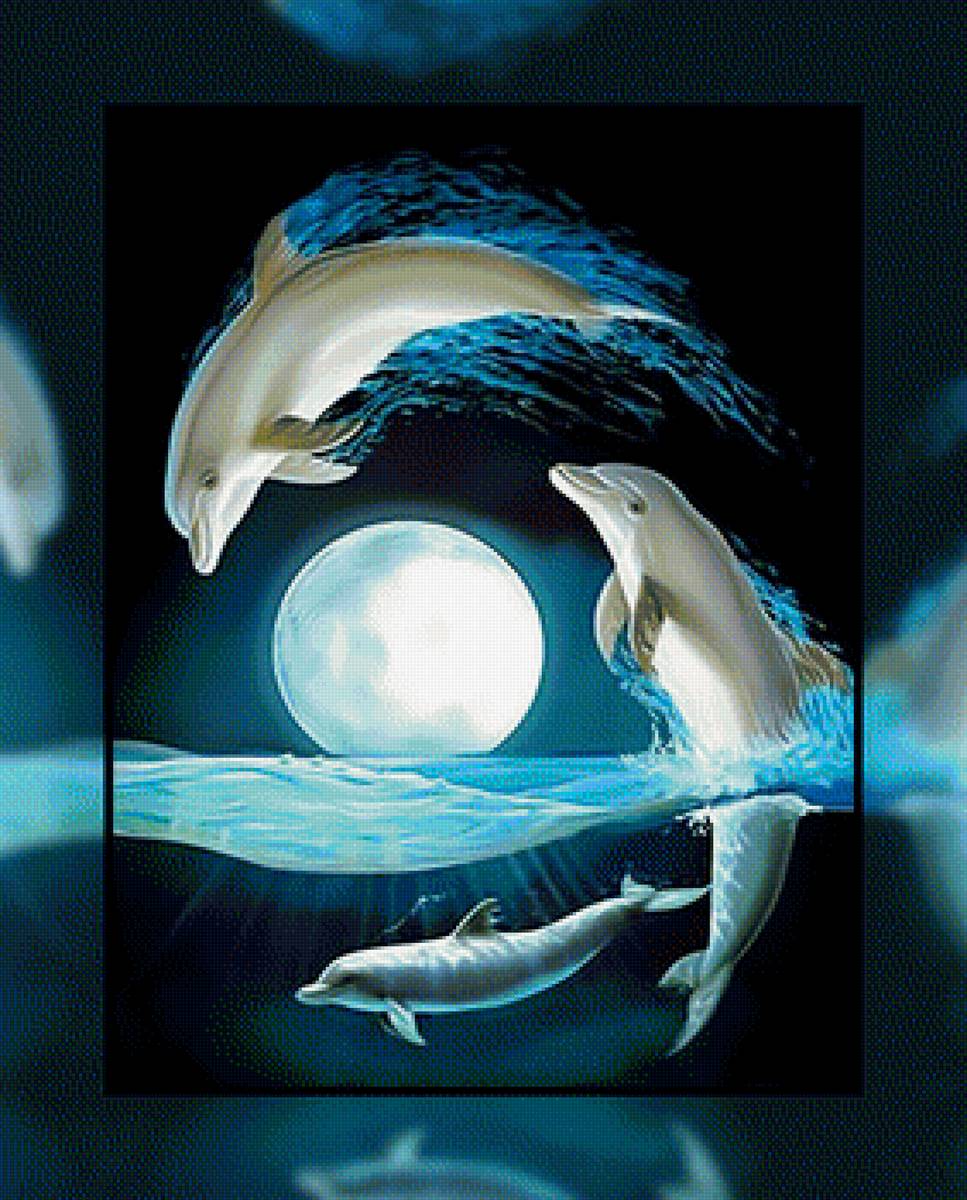 Дельфины под луной. - ночь, мир, дельфины, океан, луна., подводный - предпросмотр