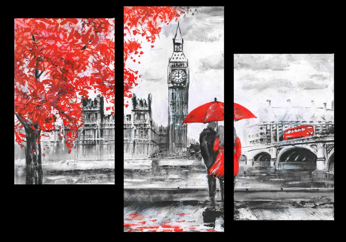 Лондон - дождь, зонт красний, пара, лондон - оригинал