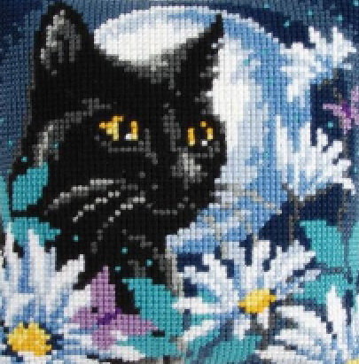 Лунный кот - кот, цветы, черный, луна - оригинал