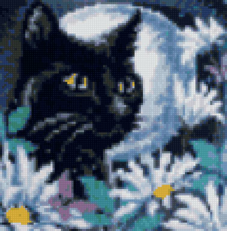 Лунный кот2 - цветы, луна, черный, кот - предпросмотр