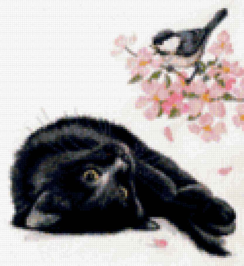 Кот и синичка2 - синица, синичка, черный, кот - предпросмотр