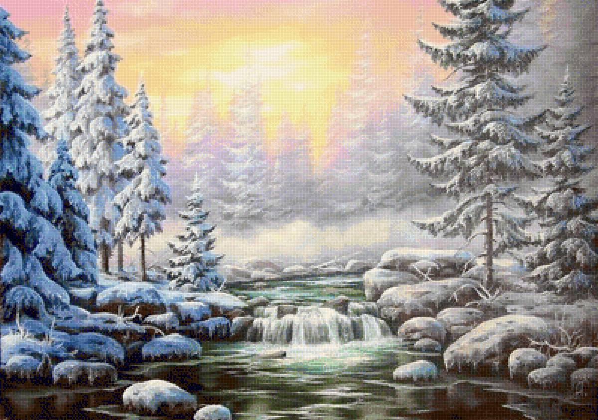 Зимний пейзаж - зима, река, снег, лес, закат - предпросмотр