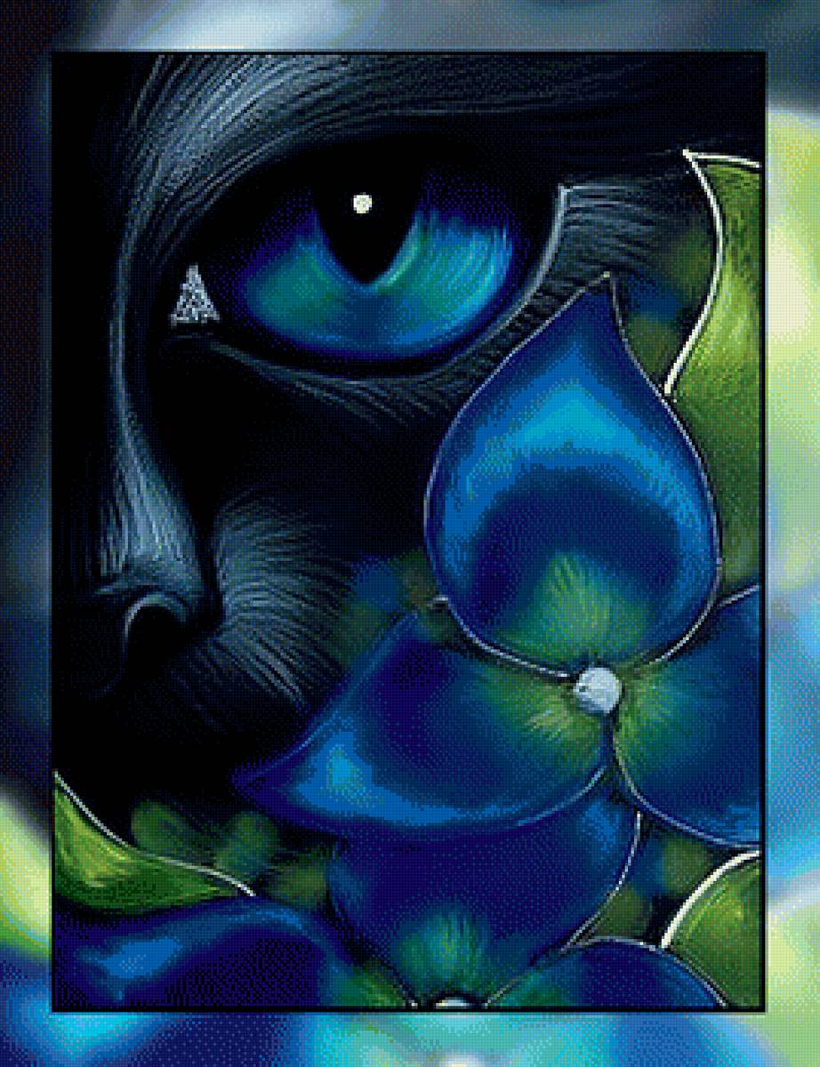 Черный кот. - глаза., кот, синий, взгляд, черный, цветок - предпросмотр