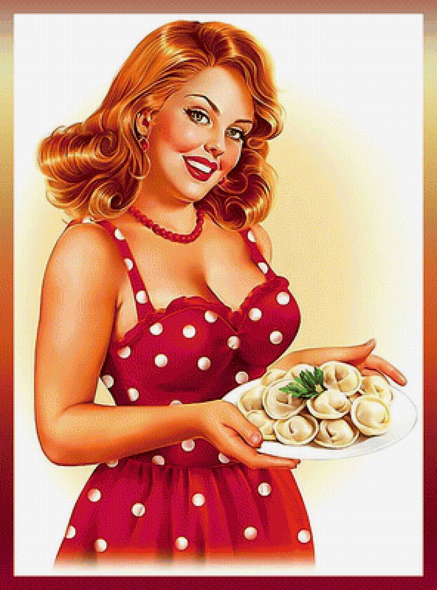 Хозяюшка с пельмешками. - платье, девушка, пельмени., красное - предпросмотр