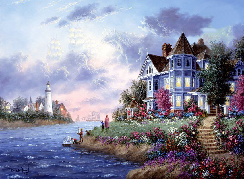 Дом у моря - романтика, семья, море, дом, маяк, парусник - оригинал