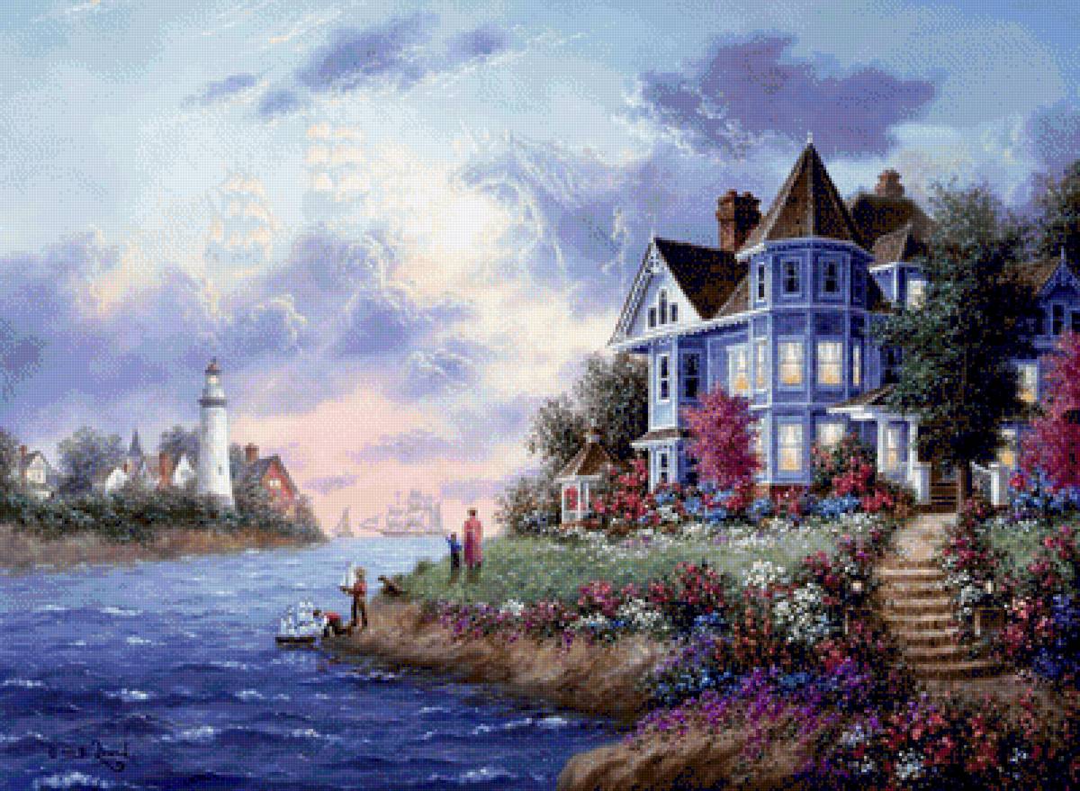 Дом у моря - море, маяк, парусник, семья, романтика, дом - предпросмотр