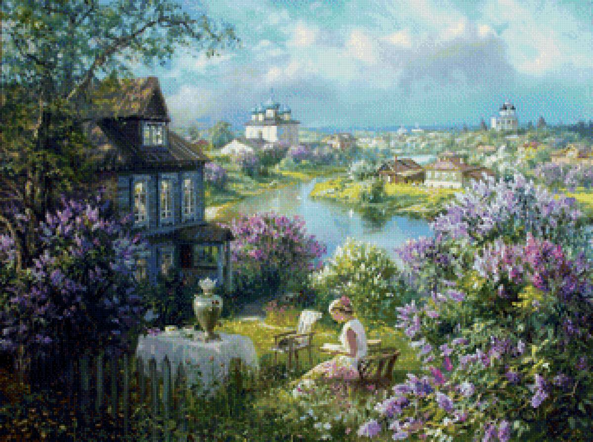 пейзаж с сиренью - речка, сирень - предпросмотр