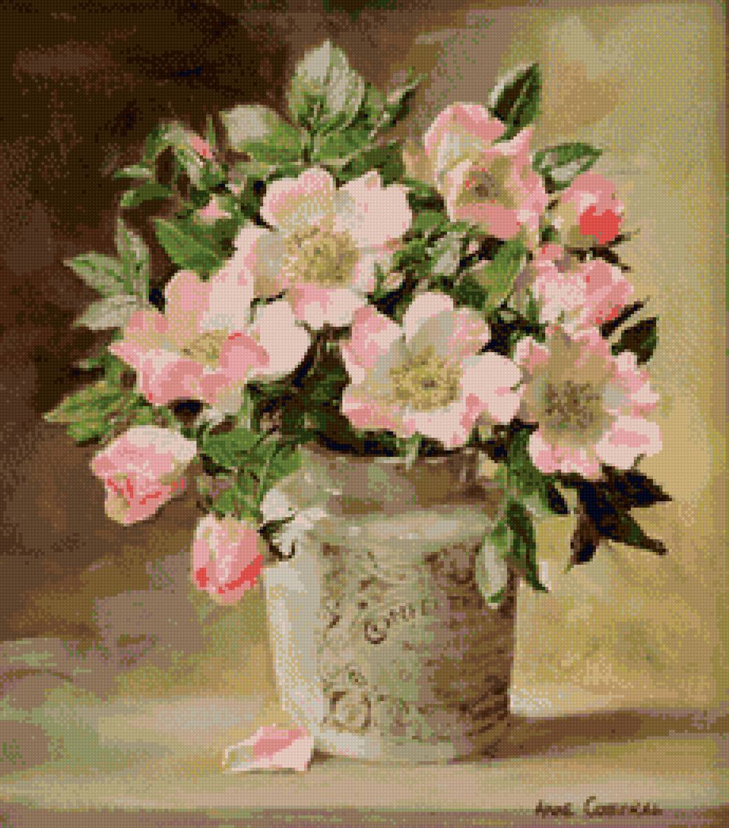 цветы шиповника - натюрморт, букет, ваза - предпросмотр
