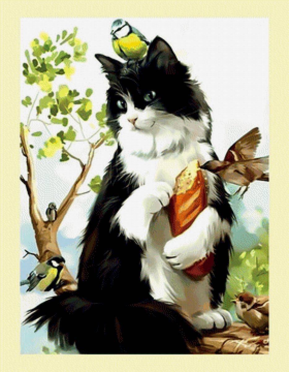 Котейка кормит птичек. - птицы., кот - предпросмотр