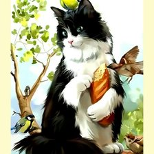 Схема вышивки «Котейка кормит птичек.»