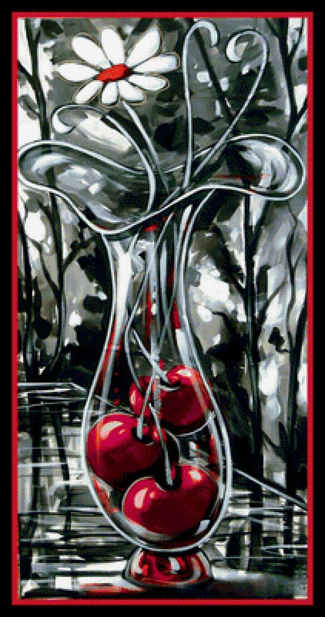 Вишня и ромашка. - ваза, рисунок., ромашка, вишня - предпросмотр