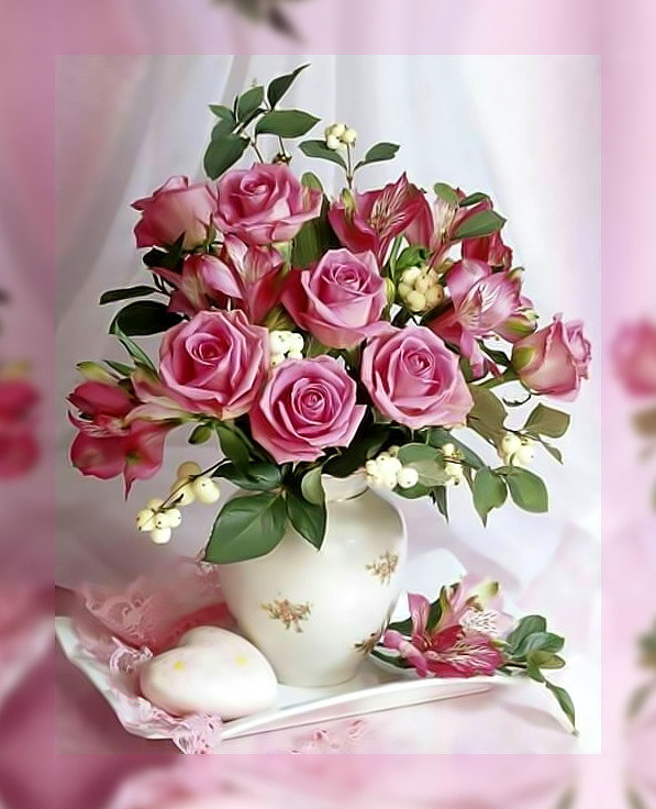 Розовые розы. - цветы, букет, розы, ваза. - оригинал