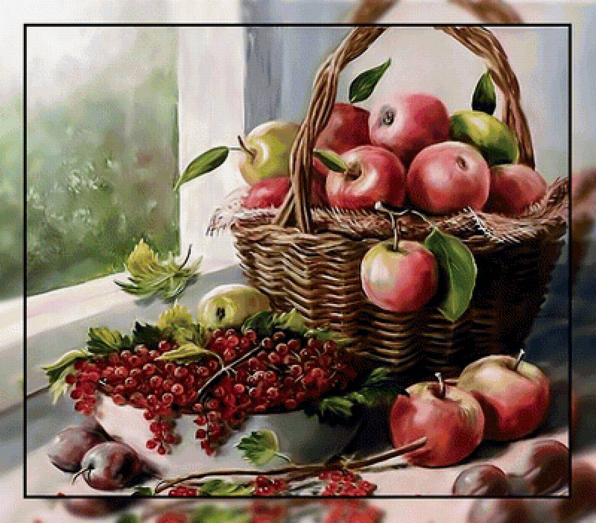 Яблочки. - корзина, окно, смородина, сливы., яблоки - предпросмотр