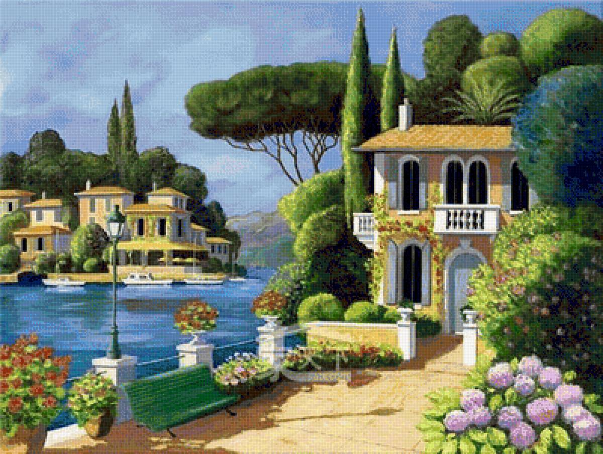 Дом у реки - дом, река, лавочка - предпросмотр