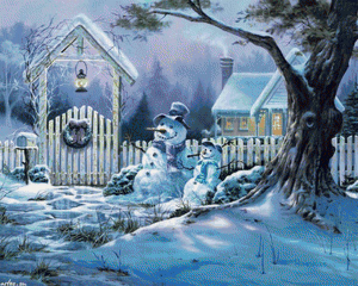 Новый год снеговики - снеговики, новый год, деревня, пейзаж, зима - предпросмотр