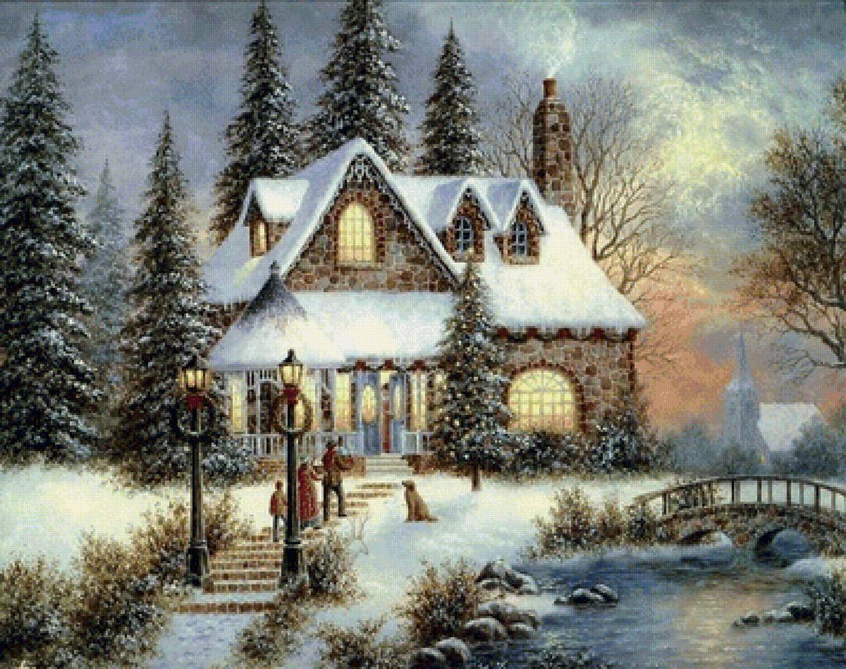 Новогодний домик - зима, пейзаж, дом, деревня, новый год - предпросмотр