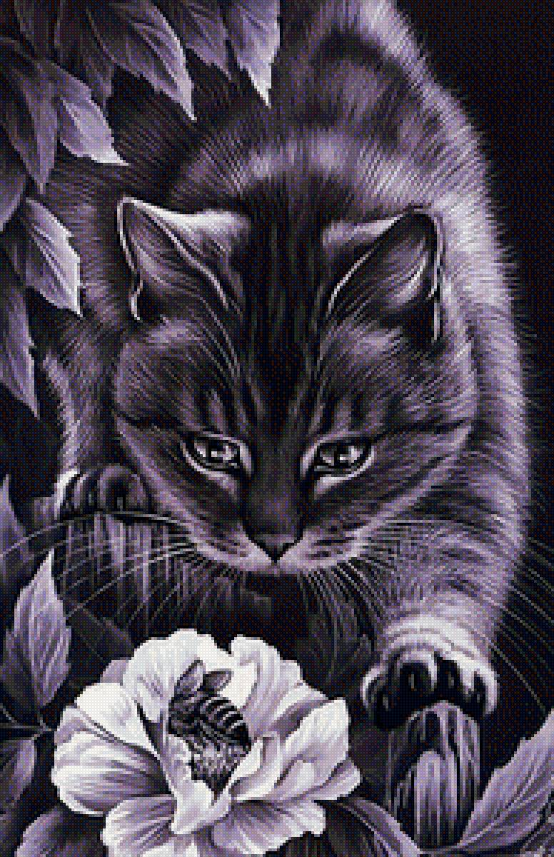 Котик и пчела. - пчела., кот, цветок - предпросмотр