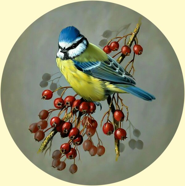 Птичка на веточке. - птица, картина., ветка - оригинал