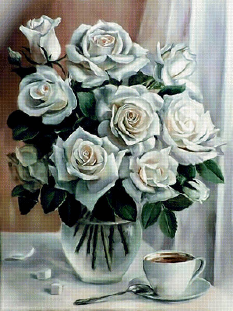 Белые розы. - ваза., цветы, букет, розы - предпросмотр