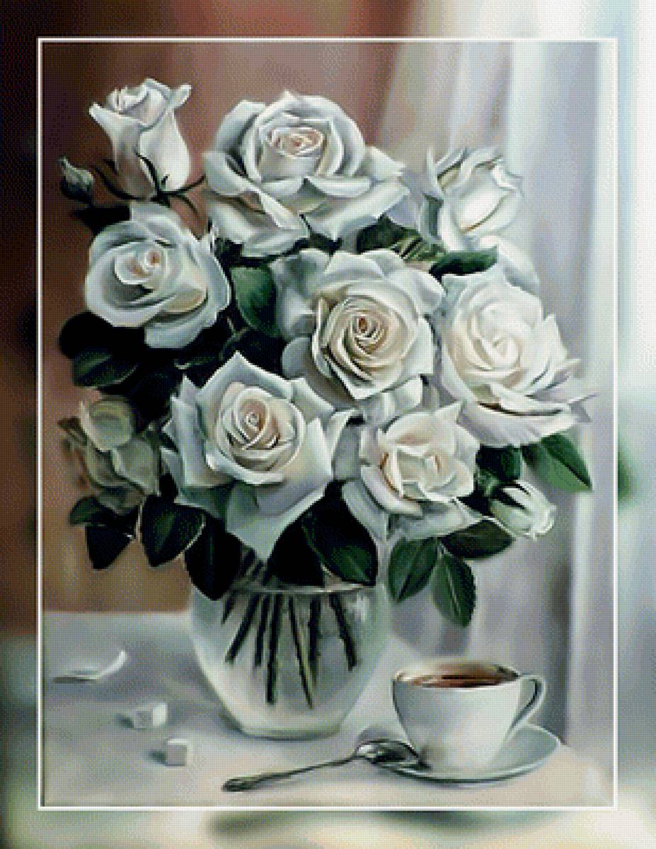 Белые розы. - живопись., картина, цветы, розы - предпросмотр