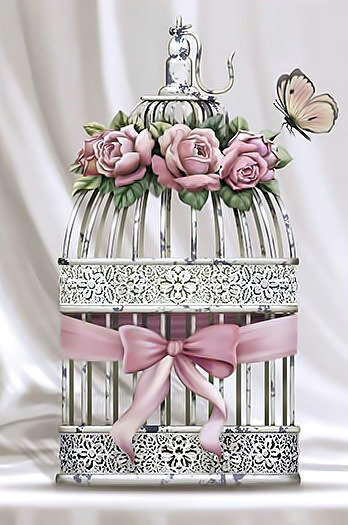 Клетка и бабочка. - клетка, лента, розы, бабочка. - оригинал