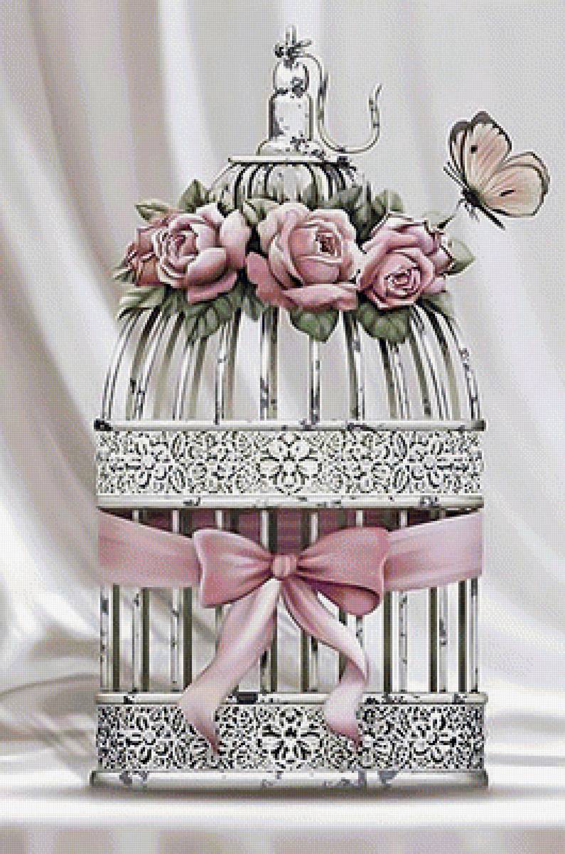 Клетка и бабочка. - клетка, лента, бабочка., розы - предпросмотр