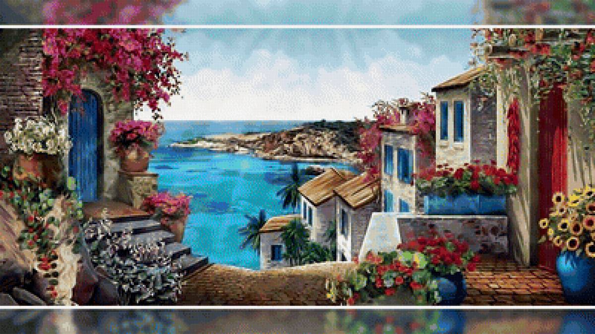 Дворик у залива. - море, цветы, лето, улицы, небо., пейзаж - предпросмотр