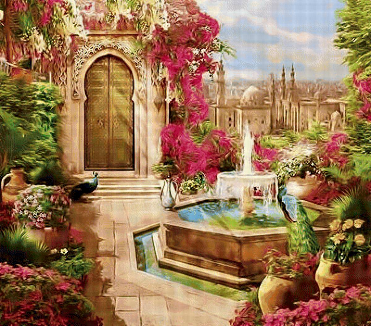 Дворик с фонтаном и павлинами. - павлины, дворик, пейзаж., фонтан, цветы - предпросмотр