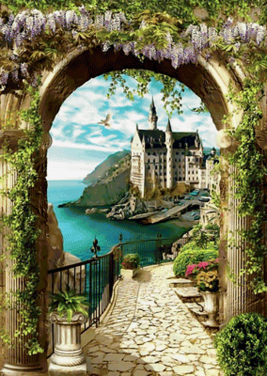 Выход к морю. - лето, цветы, дворец., пейзаж, замок, море, арка - предпросмотр