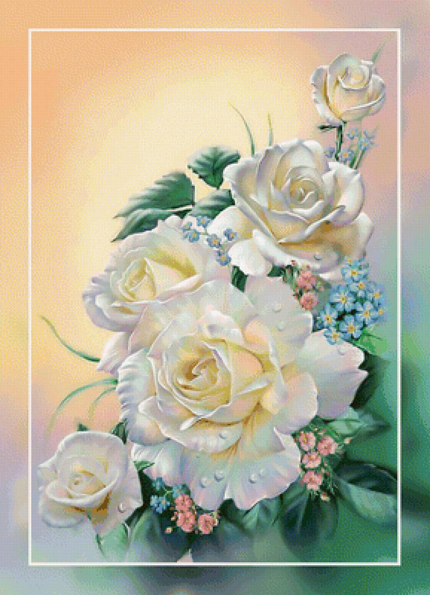 Белые розы. - белые, розы, букет., незабудки - предпросмотр