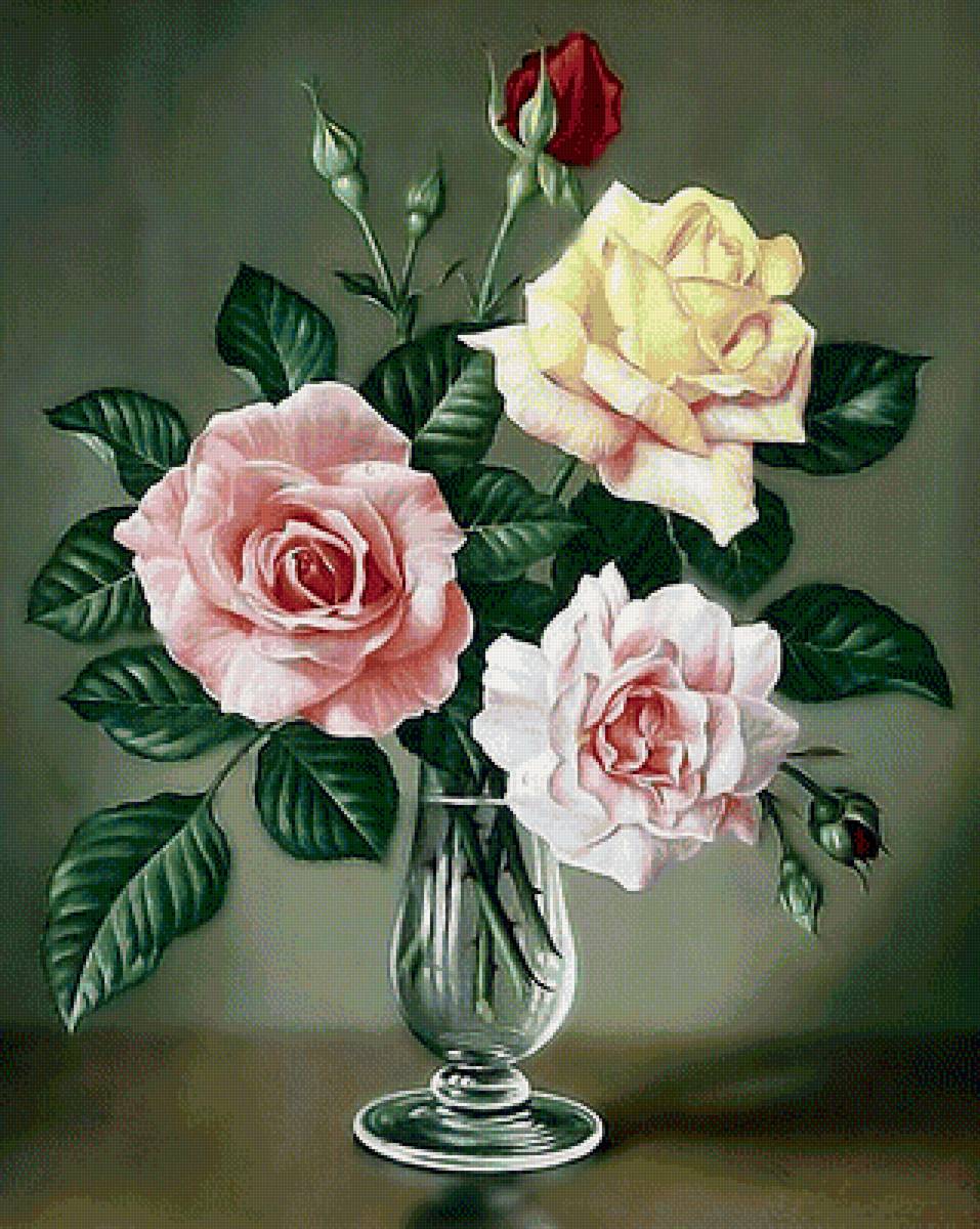 Три розы. - цветы, букет, ваза., розы - предпросмотр